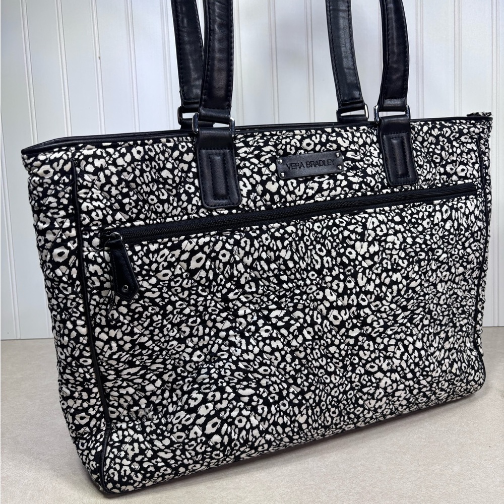 Vera Bradley Quilted B&W Camo Cat Laptop Messenger Bag Tote Large Animal Print